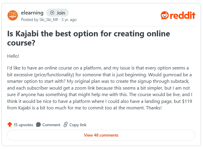 Kajabi User Reddit post