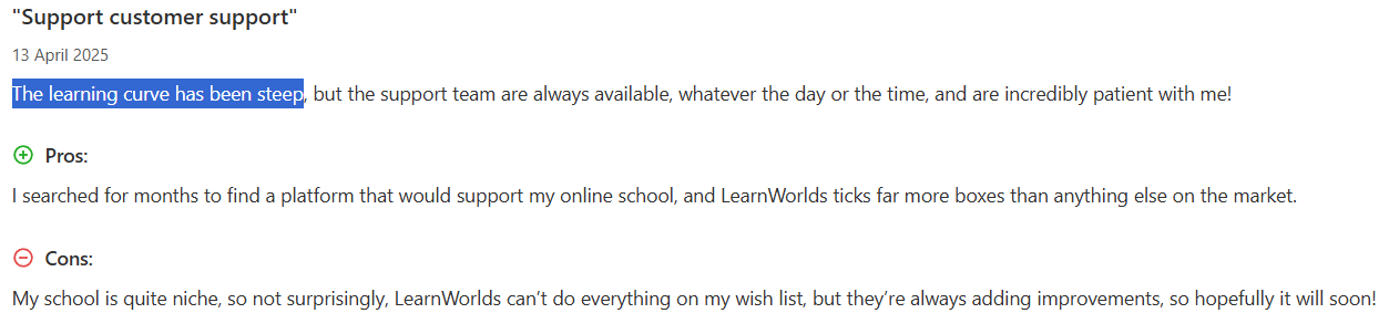 LearnWorlds customer support
