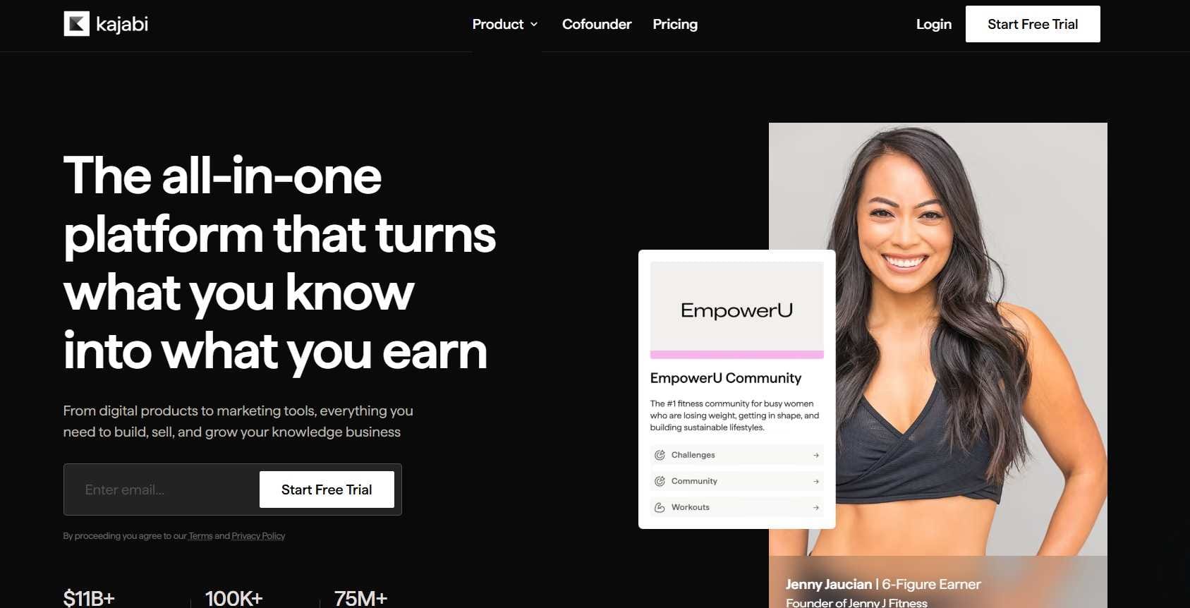 Kajabi dashboard showing courses, funnels, and email marketing in one platform