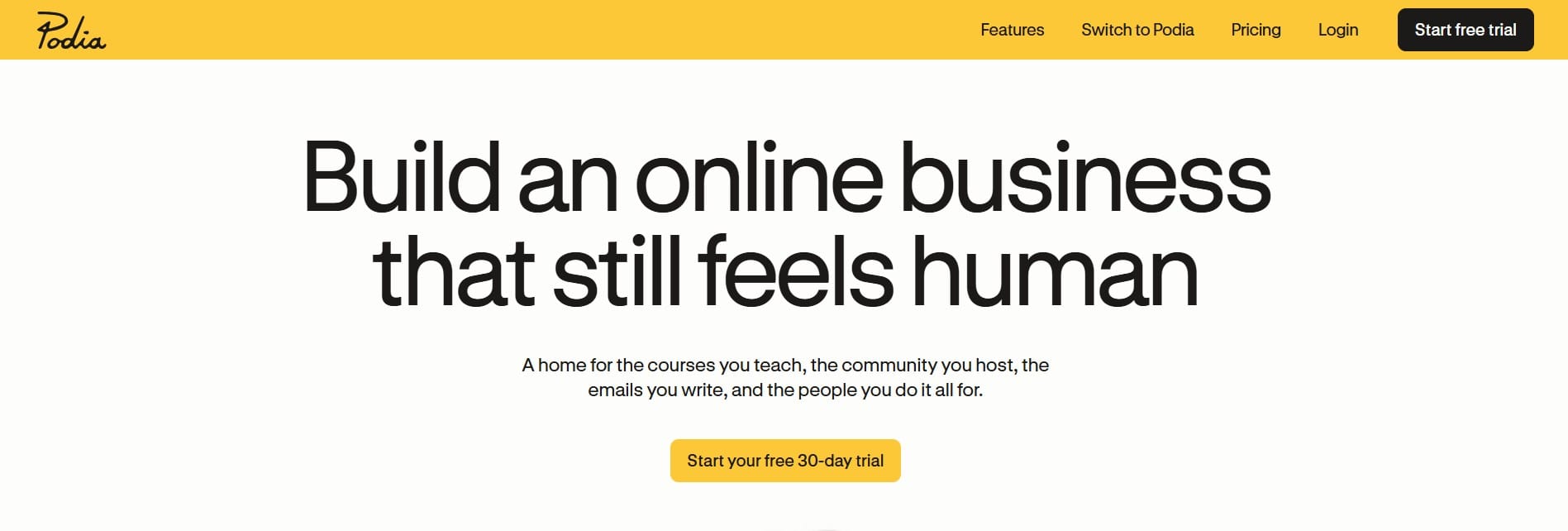 Podia creator storefront showing courses, digital downloads, and memberships