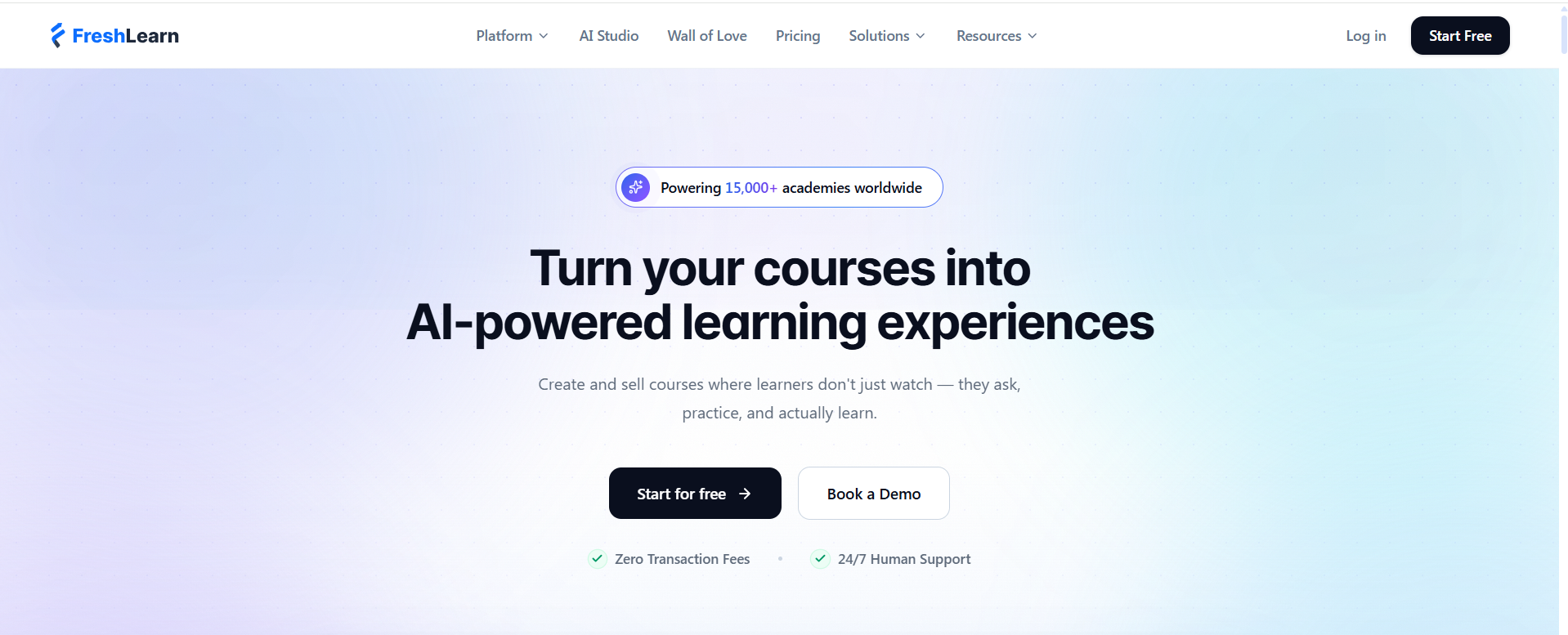 FreshLearn no-code course builder dashboard showing modules, checkout, and email tools