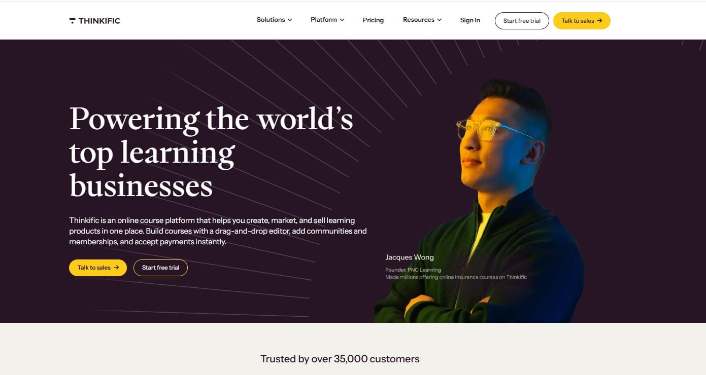 Thinkific site builder showing a branded course landing page theme