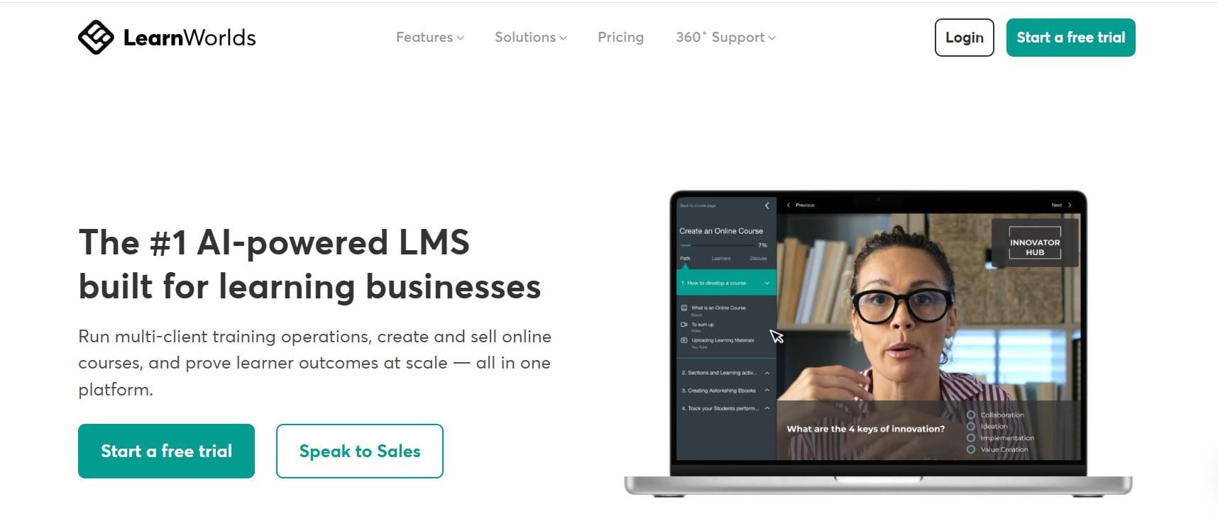 LearnWorlds interactive video editor with in-video quiz overlay