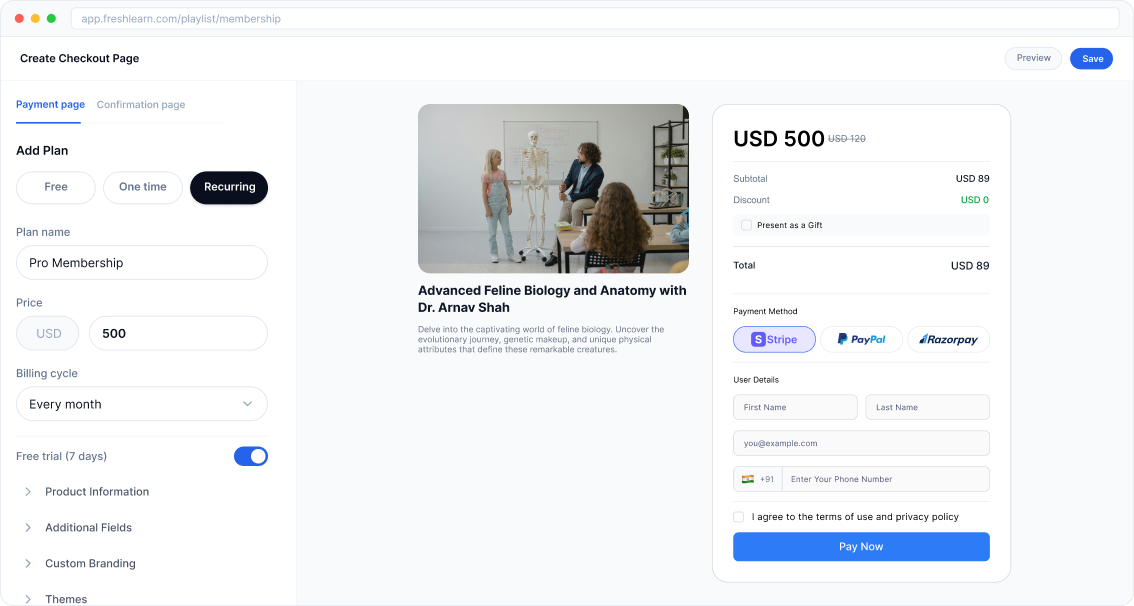 FreshLearn payments (checkout) dashboard